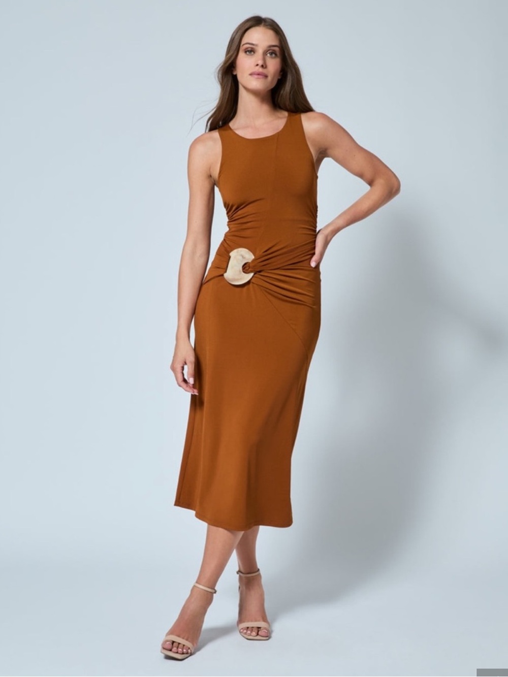 Adrienne Landau Atheena Draped Midi Dress Sz S Brown